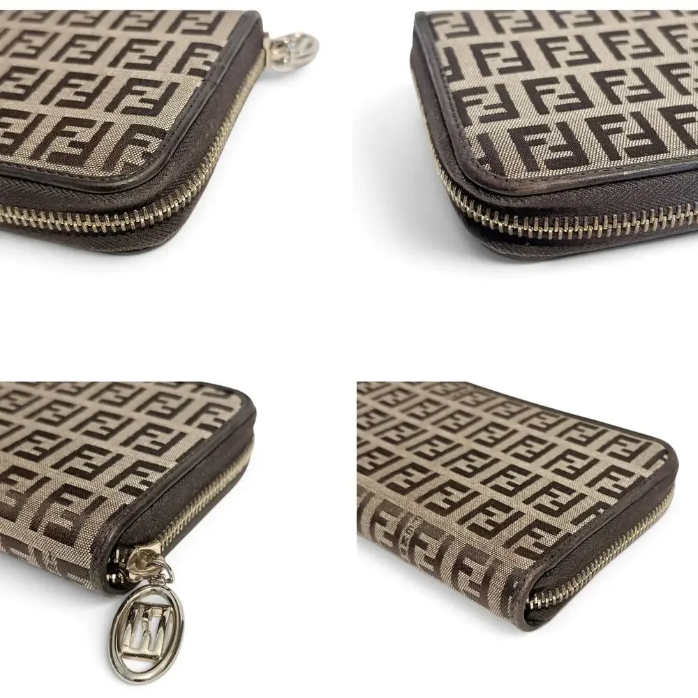 Fendi Zucchino Canvas Zip Around Wallet in Brown FF Print with Silver Hardware